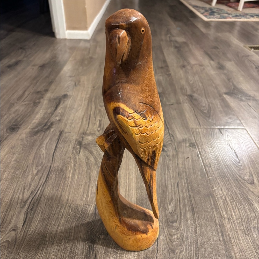 Vintage Hand Carved Wooden Parrot Figurine Table Top Decor 17” Folk Art Statue